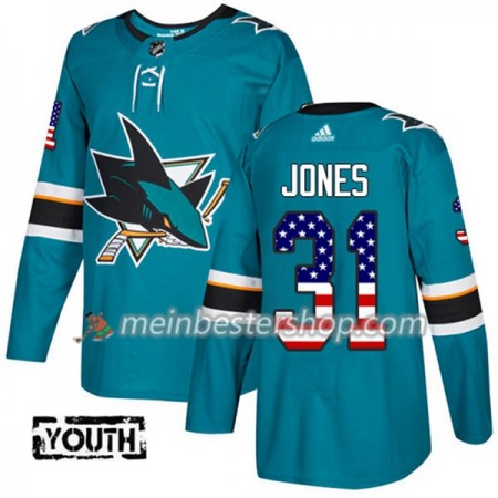 San Jose Sharks Martin Jones 31 Adidas 2017-2018 Teal USA Flag Fashion Trikot Authentic - Kinder